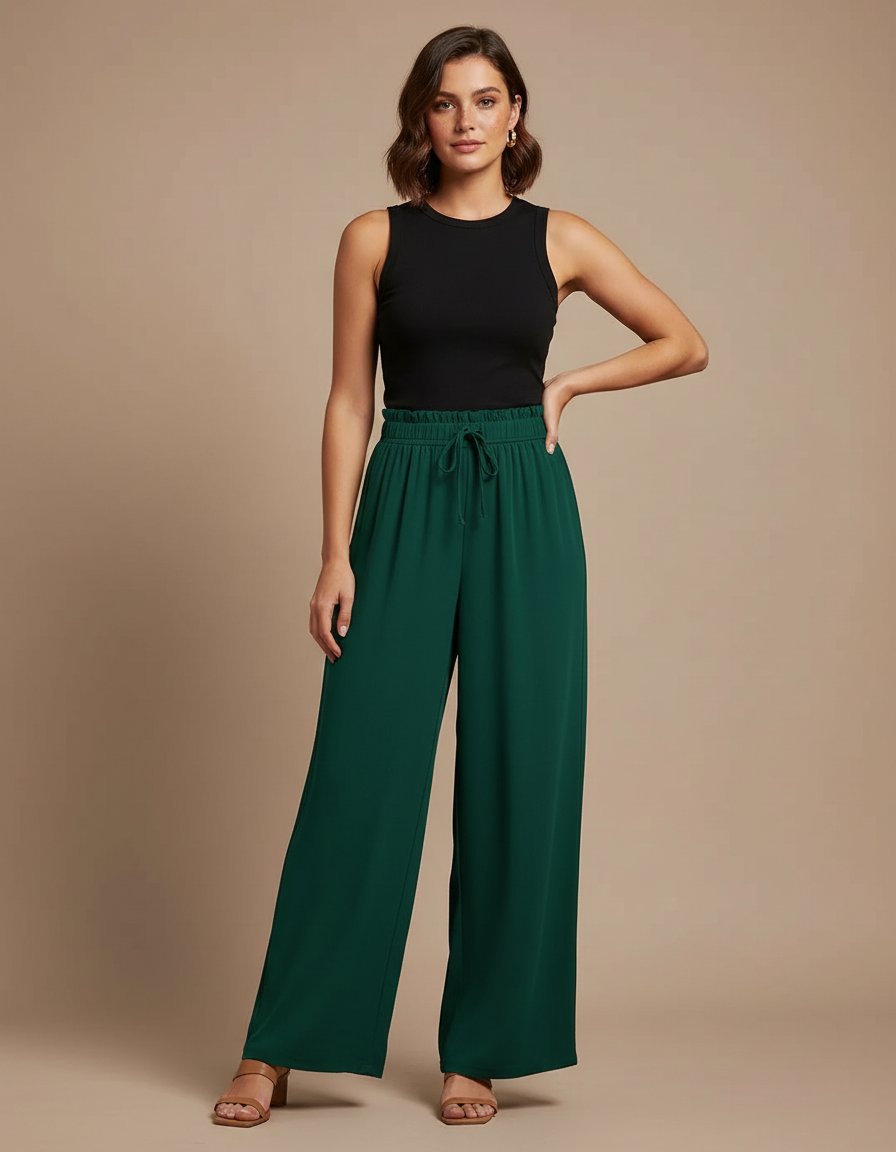 Pantalon Fluide Vert Émeraude Ample Taille Haute Confortable - Polyester