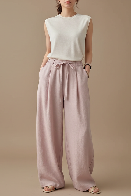 Pantalon Fluide Rose Lin Ample Taille Haute Décontracté