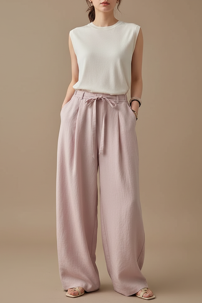Pantalon Fluide Rose Lin Ample Taille Haute Décontracté