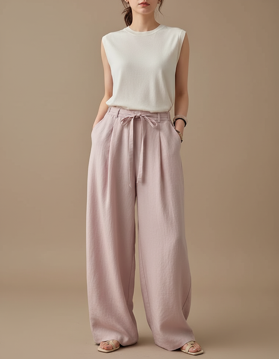 Pantalon Fluide Rose Lin Ample Taille Haute Décontracté