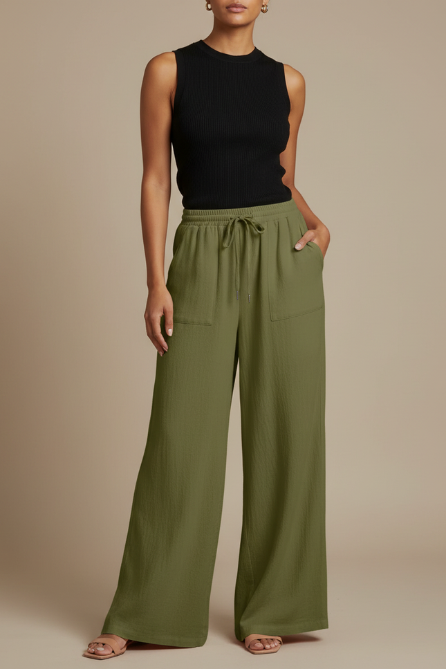 Pantalon Fluide Vert Ample Cordon Décontracté - Kaki Lin