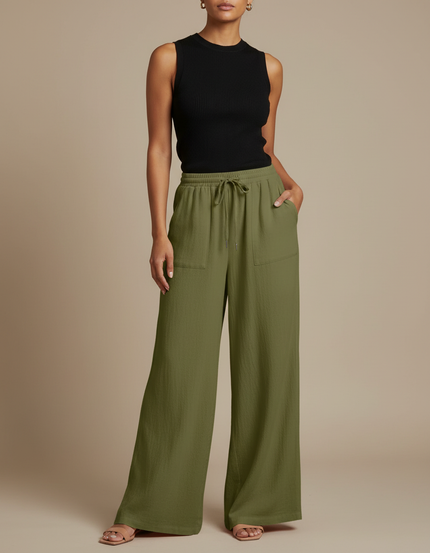 Pantalon Fluide Vert Ample Cordon Décontracté - Kaki Lin