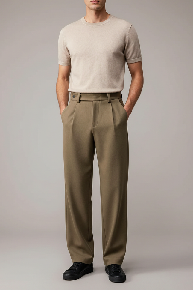 Pantalon Fluide Kaki Droit Plissé Homme Décontracté - Polyester