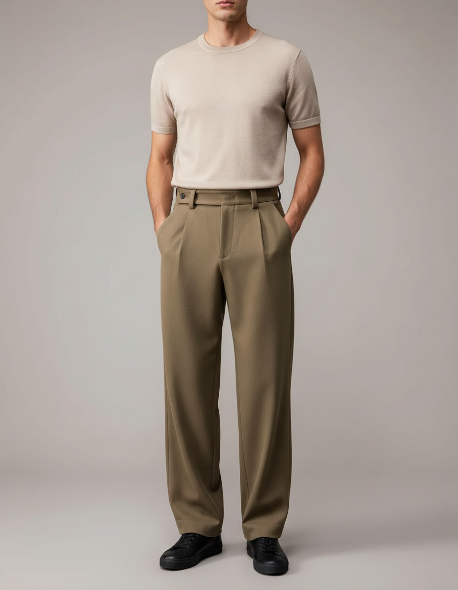 Pantalon Fluide Kaki Droit Plissé Homme Décontracté - Polyester