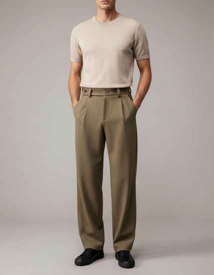 Pantalon Fluide Kaki Droit Plissé Homme Décontracté - Polyester