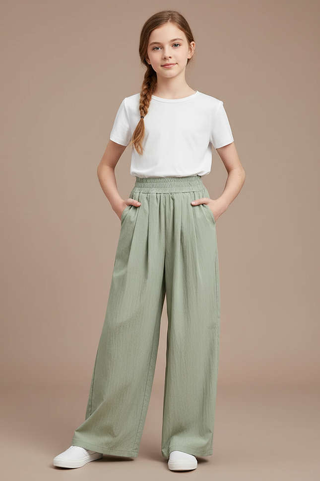 Pantalon Fluide Vert Ample Taille Haute Enfant - Lin