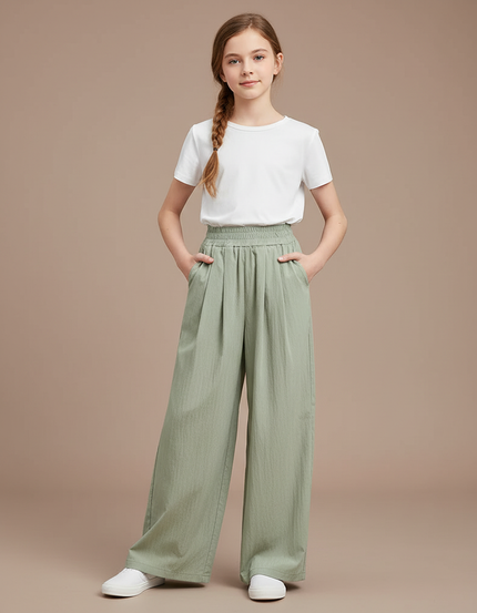 Pantalon Fluide Vert Ample Taille Haute Enfant - Lin
