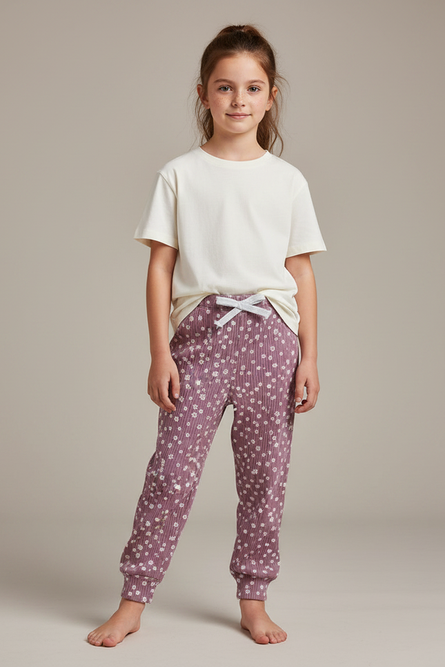 Pantalon Fluide Côtelé Mauve Fleuri Confortable Enfant - Violet Maille