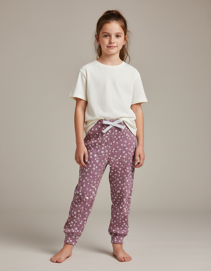 Pantalon Fluide Côtelé Mauve Fleuri Confortable Enfant - Violet Maille