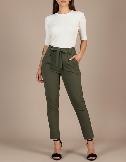 Pantalon Fluide Cigarette - Kaki Polyester