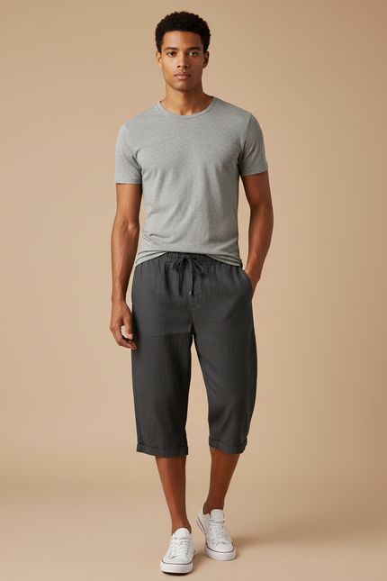 Pantalon Fluide Gris Cordon Ample Décontracté Léger - Lin