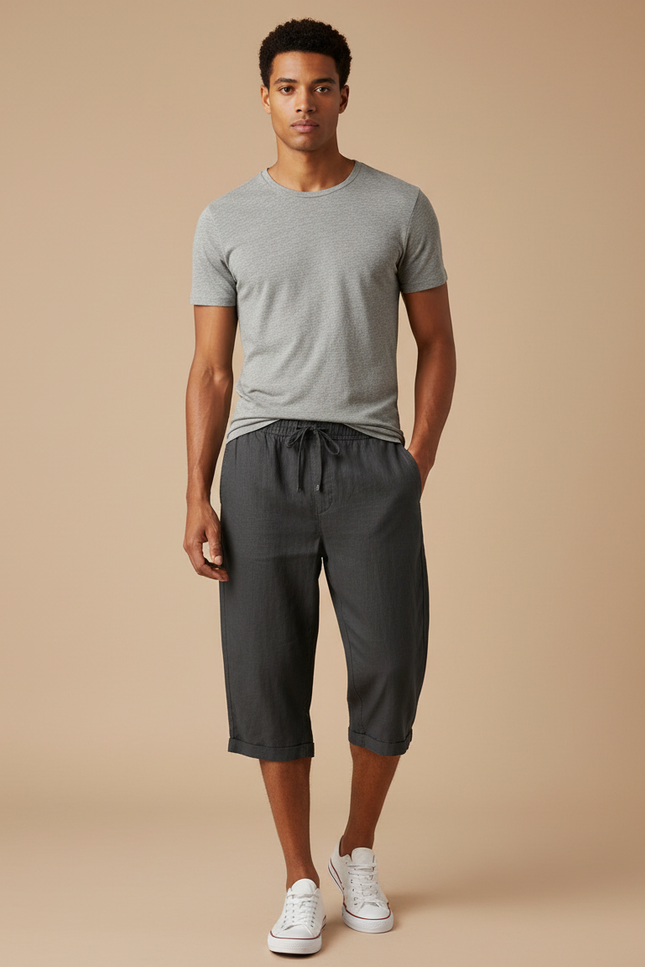 Pantalon Fluide Gris Cordon Ample Décontracté Léger - Lin
