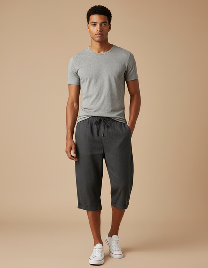 Pantalon Fluide Gris Cordon Ample Décontracté Léger - Lin