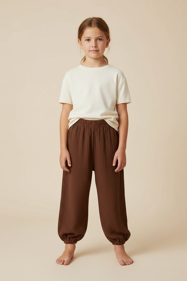 Pantalon Fluide Marron Côtelé Harem Ample Coton Enfant
