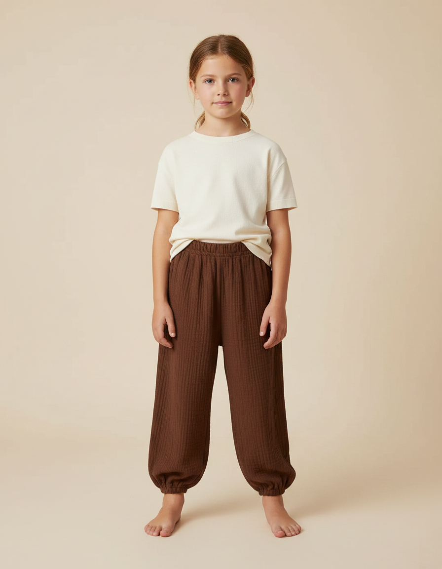 Pantalon Fluide Marron Côtelé Harem Ample Coton Enfant