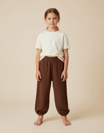 Pantalon Fluide Marron Côtelé Harem Ample Coton Enfant