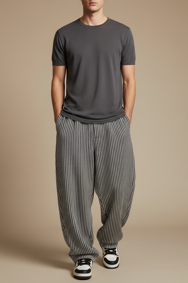 Pantalon Fluide Rayé Noir Et Blanc - Imprimé Maille