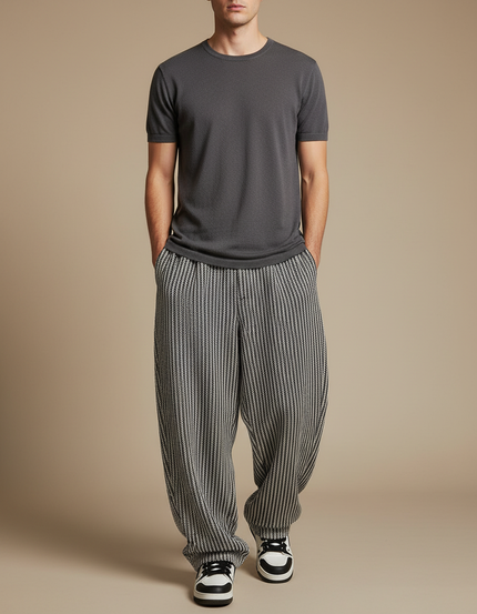 Pantalon Fluide Rayé Noir Et Blanc - Imprimé Maille