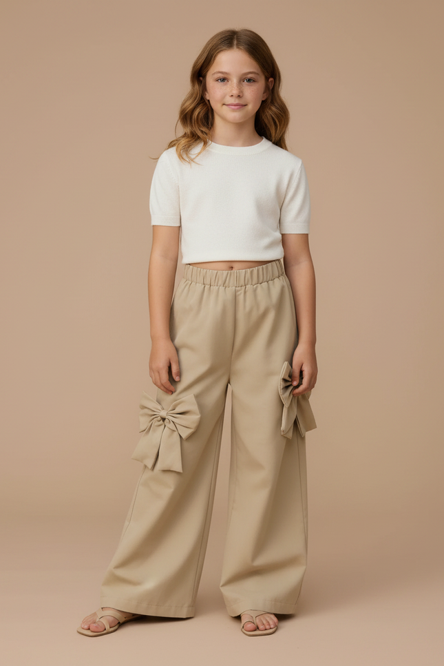 Pantalon Fluide Beige Large Nœuds Décoratifs Fille - Polyester