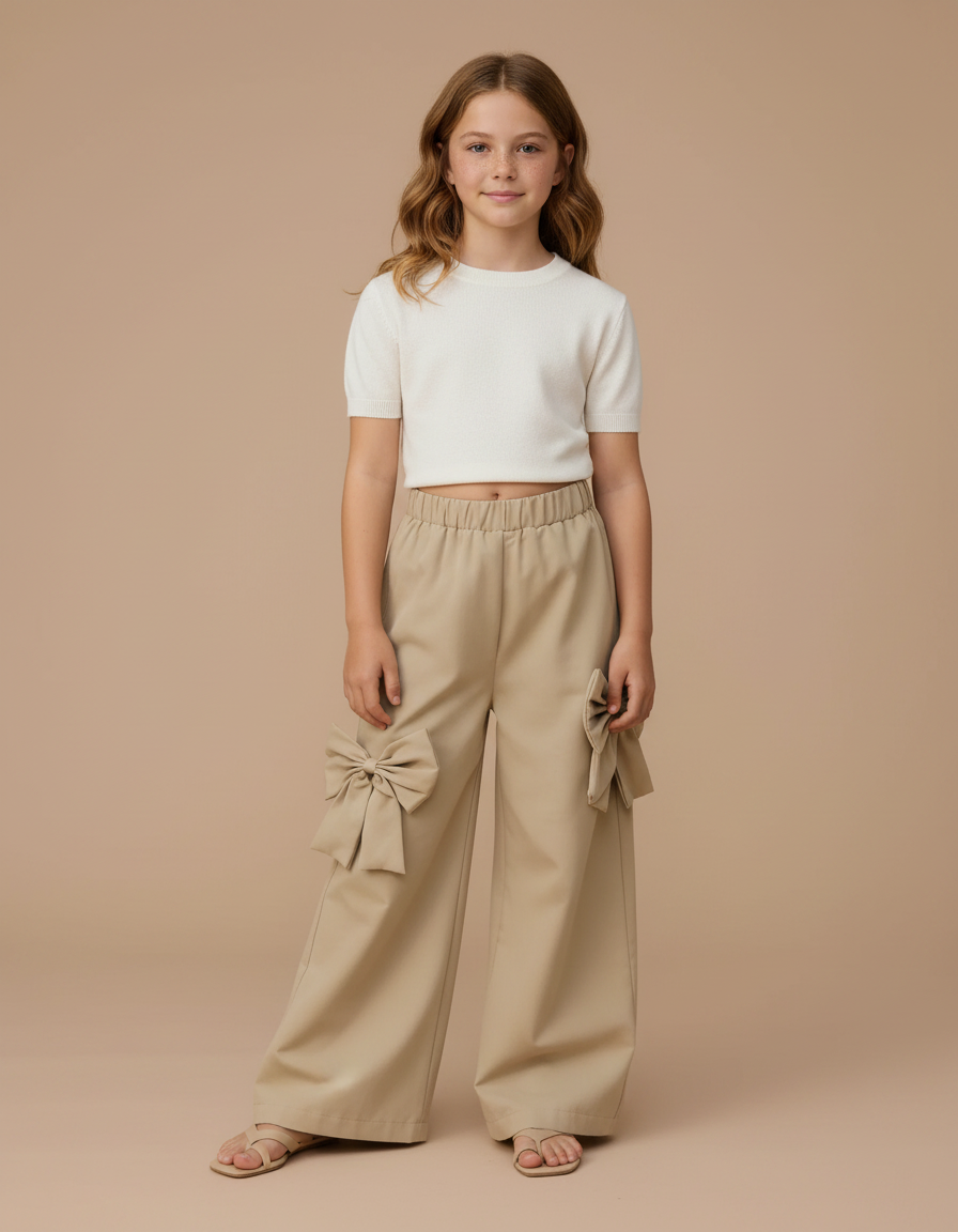 Pantalon Fluide Beige Large Nœuds Décoratifs Fille - Polyester