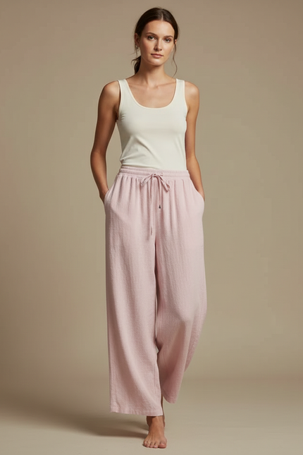 Pantalon Fluide Rose Ample Coton Décontracté Cordon