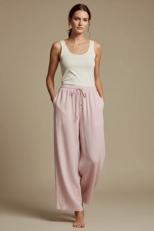 Pantalon Fluide Rose Ample Coton Décontracté Cordon