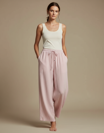 Pantalon Fluide Rose Ample Coton Décontracté Cordon
