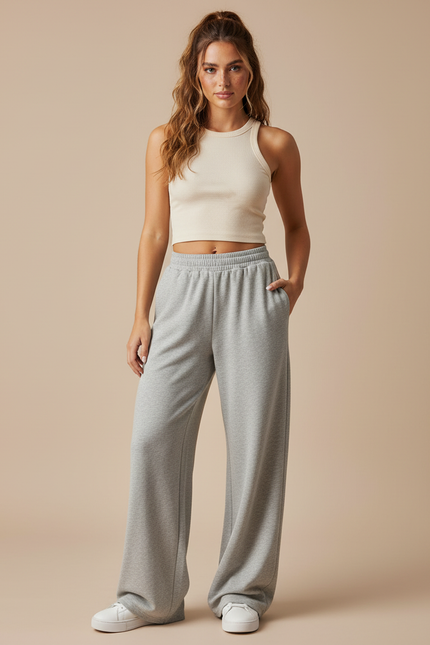 Pantalon Fluide Gris Ample Décontracté Poches Cordon - Molleton
