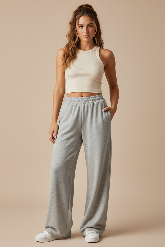 Pantalon Fluide Gris Ample Décontracté Poches Cordon - Molleton