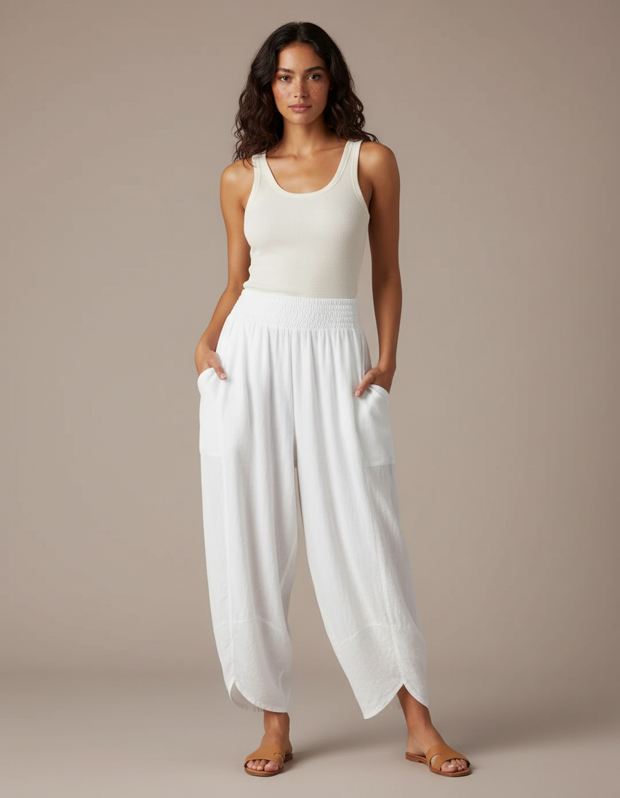 Pantalon Fluide Blanc Ample Coton Boho Confortable