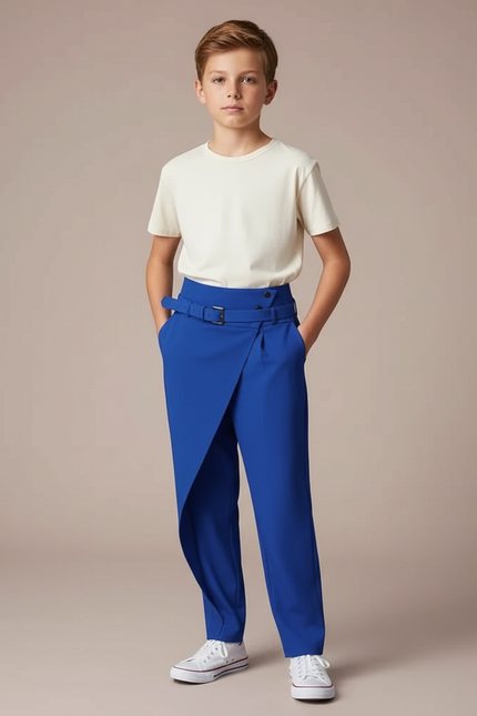 Pantalon Fluide Bleu Asymétrique Ceinturé Élégant Garçon - Polyester