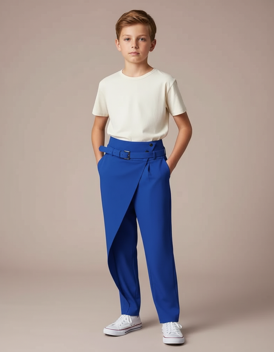 Pantalon Fluide Bleu Asymétrique Ceinturé Élégant Garçon - Polyester