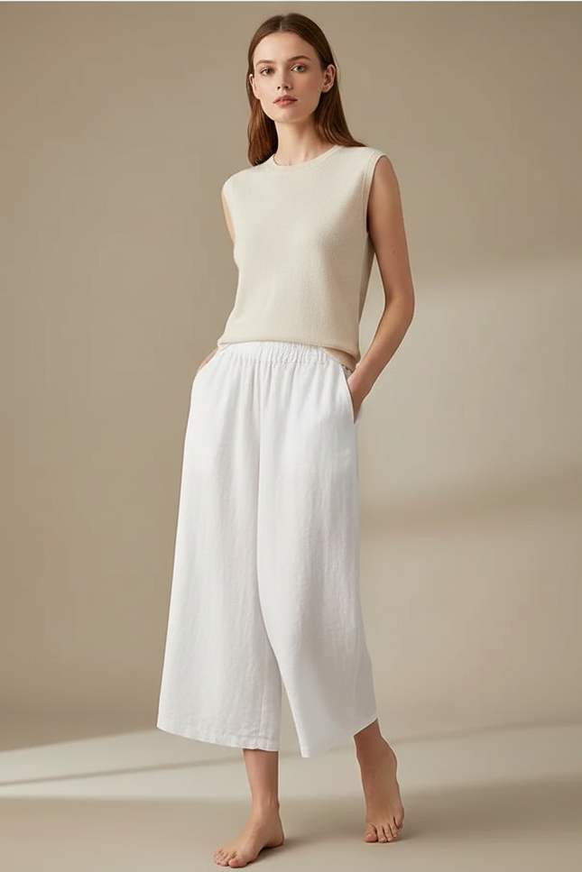 Pantalon Fluide Blanc Lin Ample Court Décontracté