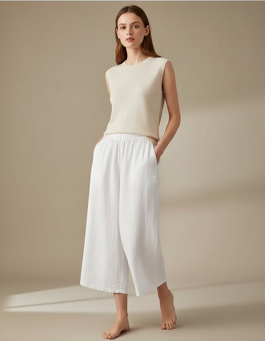Pantalon Fluide Blanc Lin Ample Court Décontracté