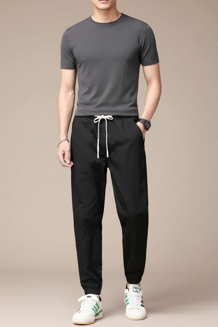Pantalon Fluide Noir Cordon Élastique Décontracté Homme - Polyester