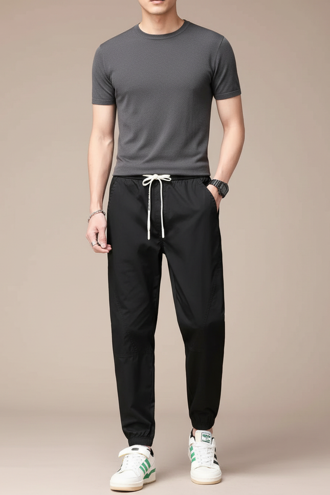 Pantalon Fluide Noir Cordon Élastique Décontracté Homme - Polyester