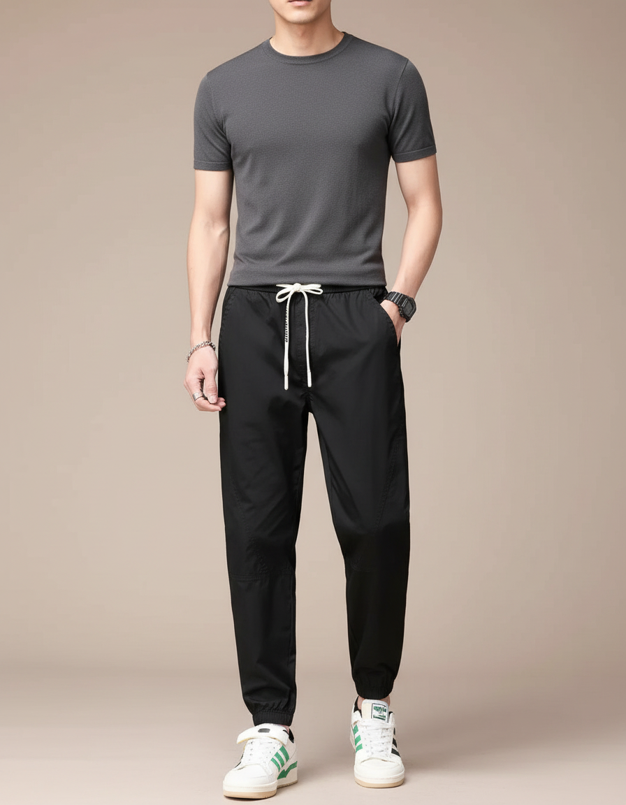 Pantalon Fluide Noir Cordon Élastique Décontracté Homme - Polyester