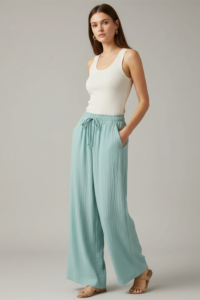 Pantalon Fluide Vert Ample Coton Texturé Décontracté