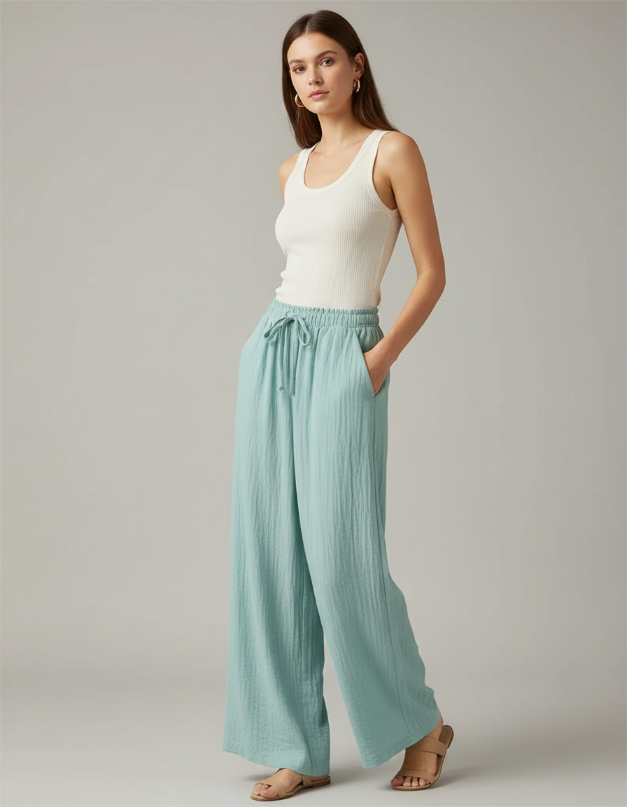 Pantalon Fluide Vert Ample Coton Texturé Décontracté