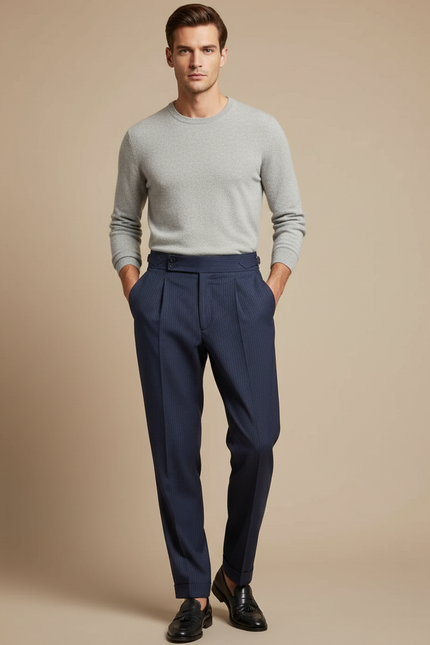 Pantalon Fluide Bleu Marine Rayé Cintré Élégant Homme - Gabardine
