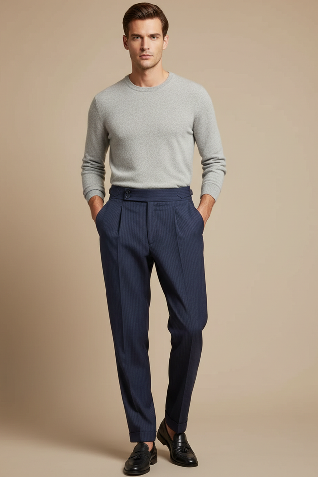 Pantalon Fluide Bleu Marine Rayé Cintré Élégant Homme - Gabardine