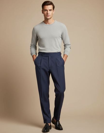 Pantalon Fluide Bleu Marine Rayé Cintré Élégant Homme - Gabardine