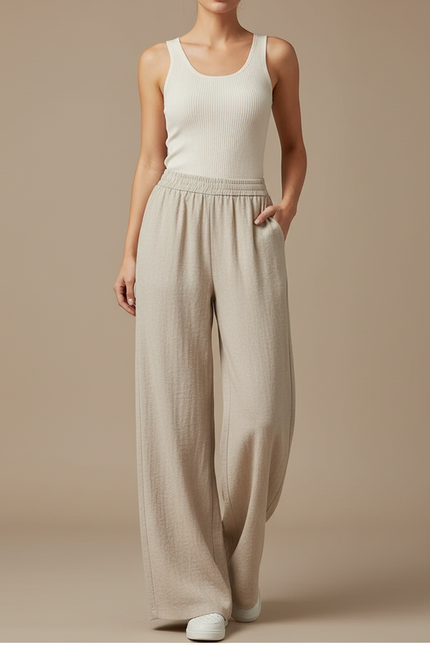 Pantalon Fluide Beige Large Taille Haute Femme - Lin