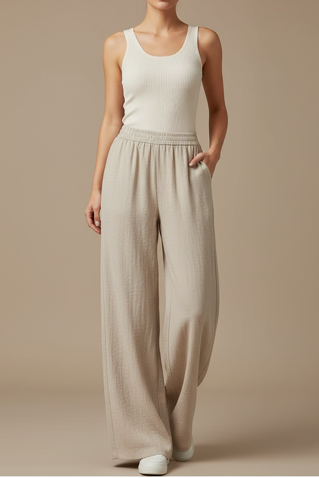 Pantalon Fluide Beige Large Taille Haute Femme - Lin