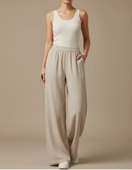 Pantalon Fluide Beige Large Taille Haute Femme - Lin