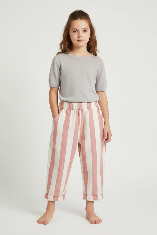 Pantalon Fluide Rayé Rose Et Blanc - Lin