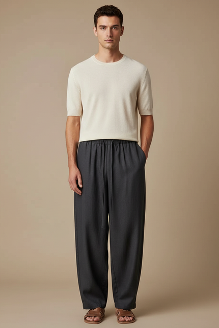 Pantalon Fluide Anthracite Ample Cordon Homme Décontracté - Gris Viscose
