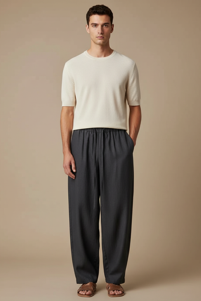 Pantalon Fluide Anthracite Ample Cordon Homme Décontracté - Gris Viscose