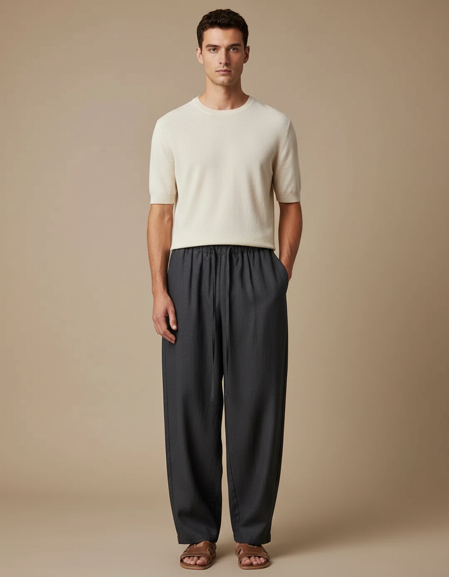 Pantalon Fluide Anthracite Ample Cordon Homme Décontracté - Gris Viscose