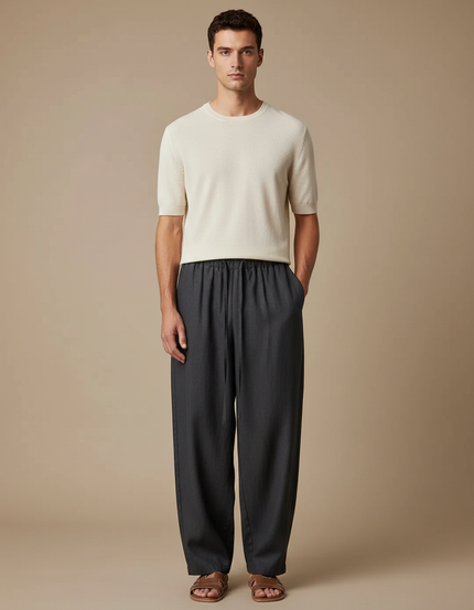 Pantalon Fluide Anthracite Ample Cordon Homme Décontracté - Gris Viscose